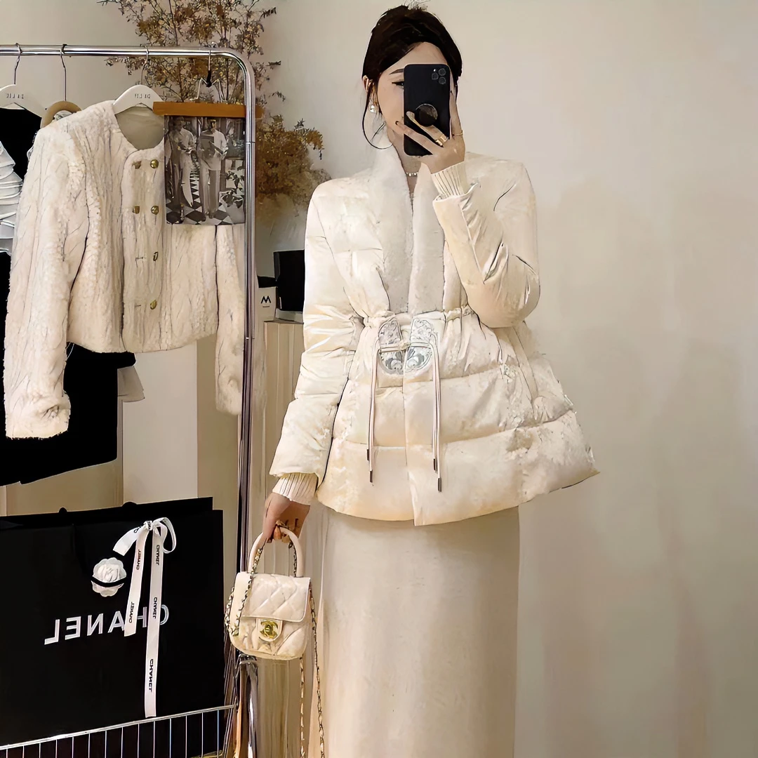 中国风盘扣拼接羽绒服女装冬新款中式女款显瘦气质保暖白鸭绒外套