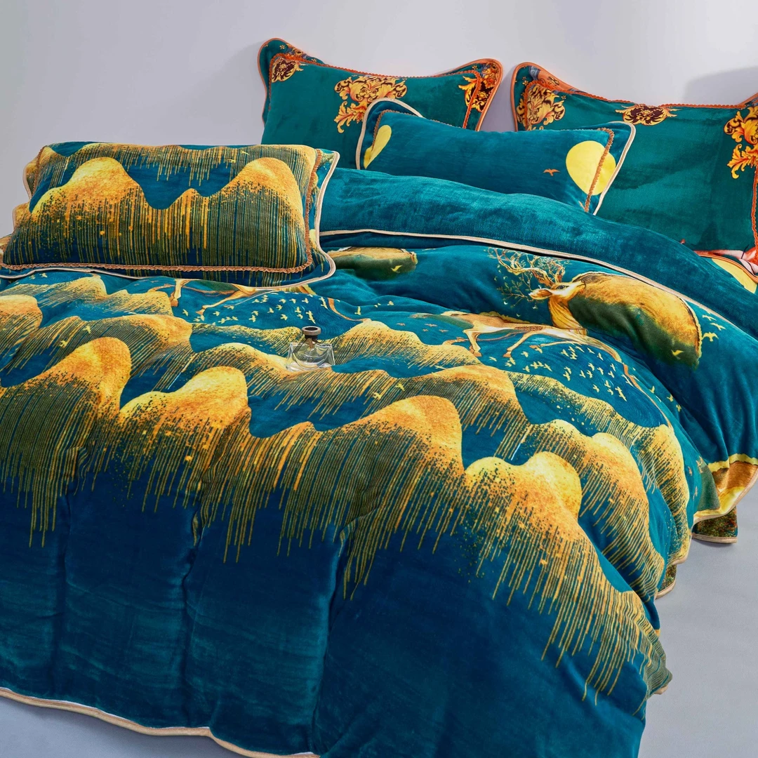 冬羚鸟-ZJZ5-高支高密绒数码印花四件套-BL