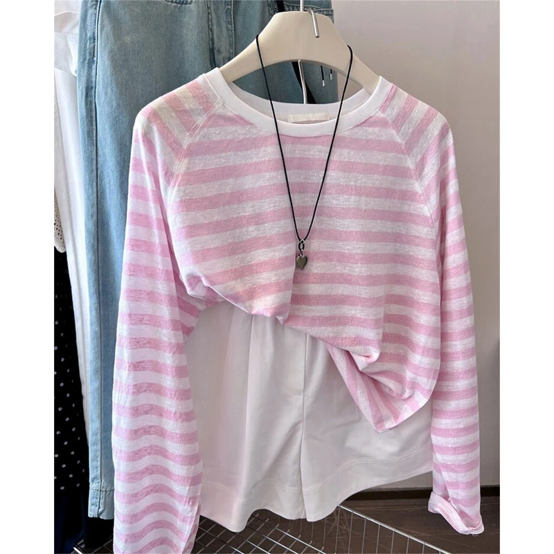 【现货直发】超嫩粉条纹tee~韩系ins软糯圆领显瘦防晒罩衫T恤初春夏