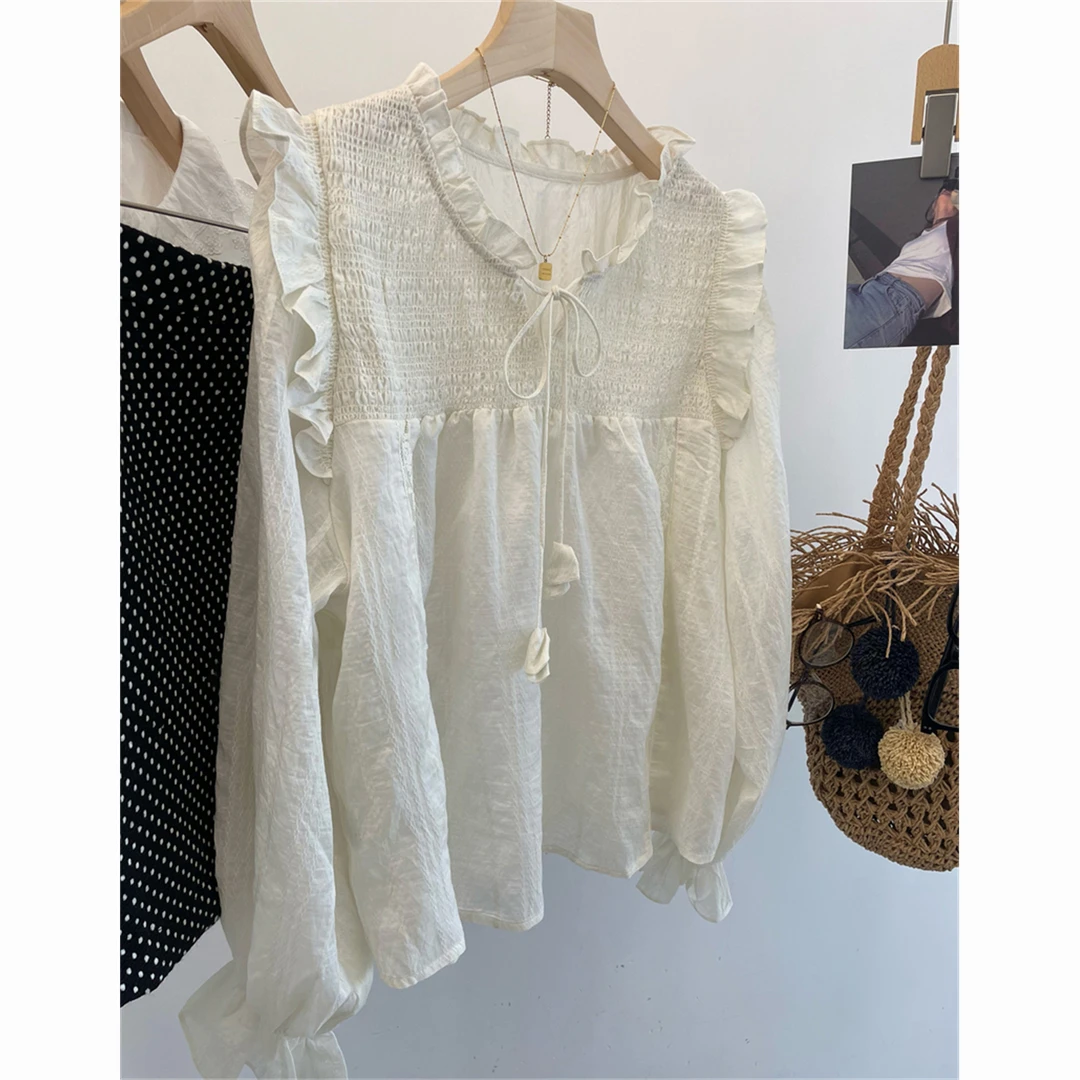 【无忧购】温柔小仙女~双肩木耳边长袖娃娃衫2024春日衬衫甜美衬衣