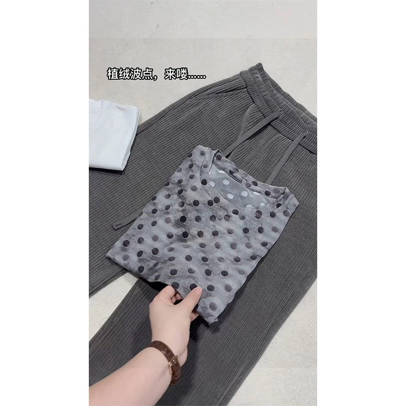 【现货直发】流行漂亮独特上衣设计感小衫灰色波点短袖正肩T恤罩衫