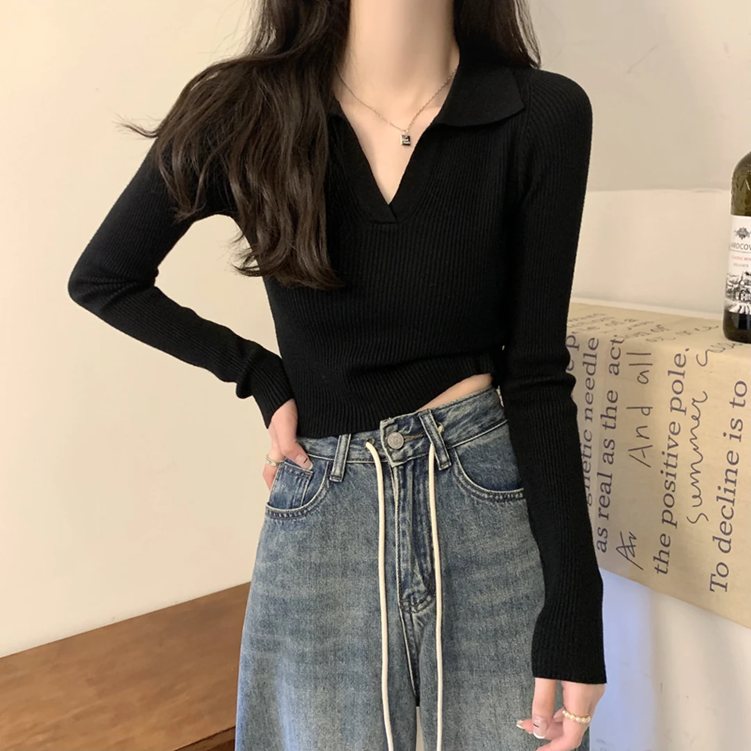 春季2025修身甜辣polo领正肩上衣女内搭打底衫小个子黑色针织毛衣