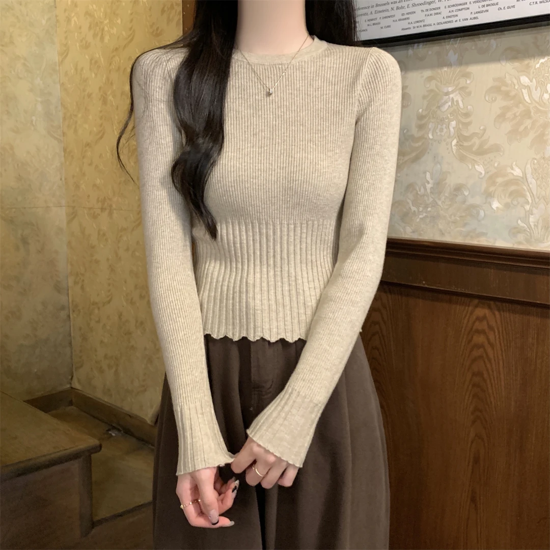 韩版圆领休闲显瘦正肩毛衣打底衫2025春季女洋气花边纯欲内搭长袖