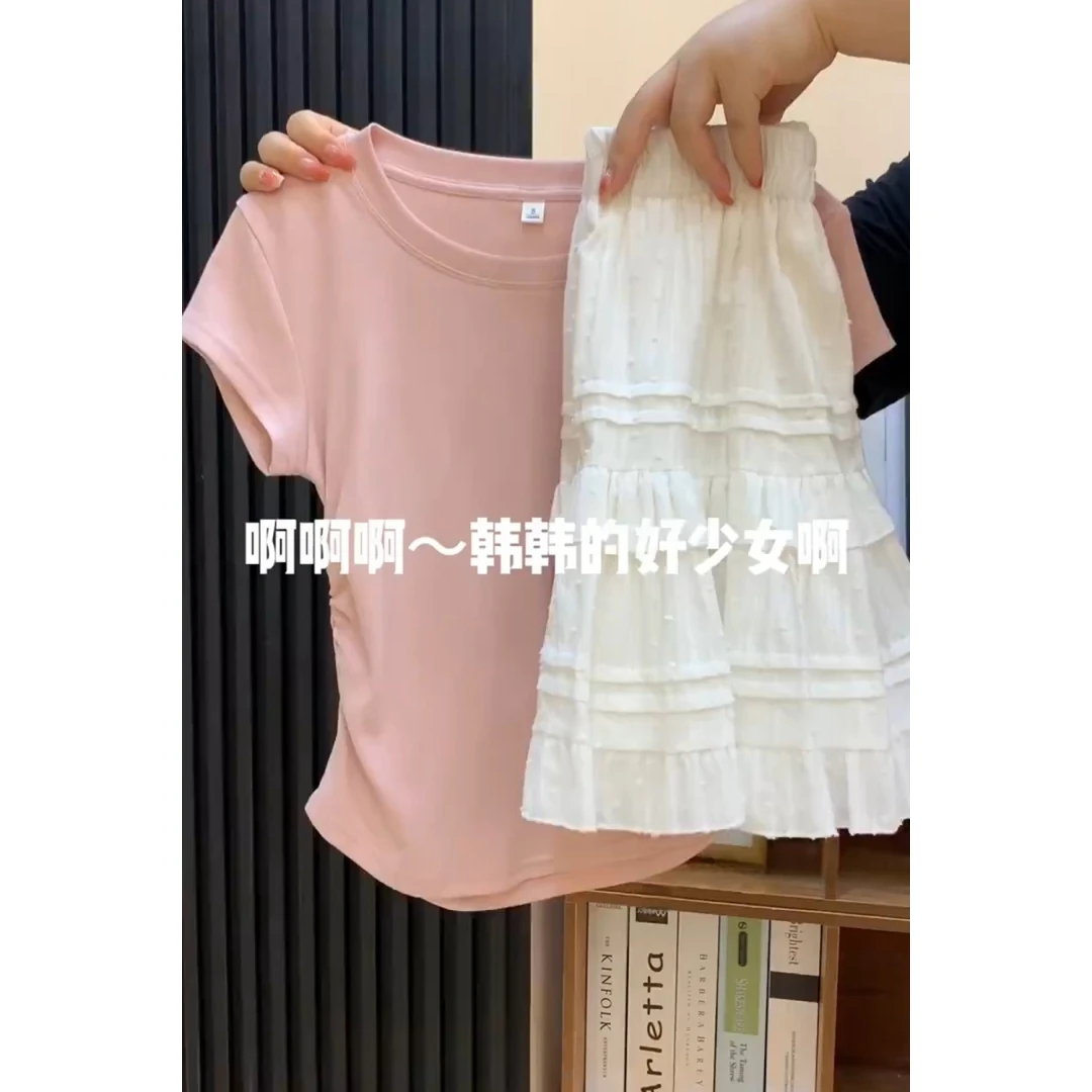 甜美少女感a字蛋糕裙小个子白色短裙&掐腰抽褶上衣2025夏季两件套