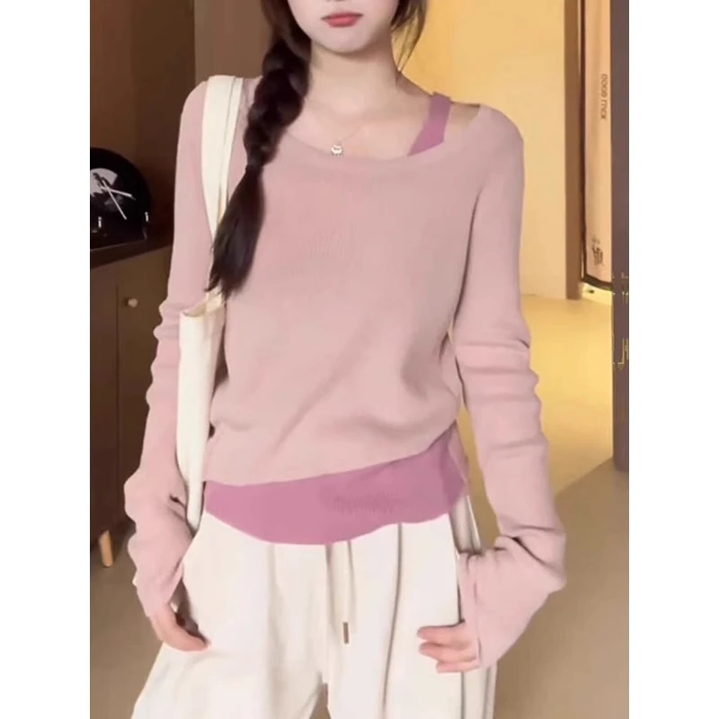 撞色假两件ins减龄少女感针织毛衣女2025春季新款纯欲上衣打底衫
