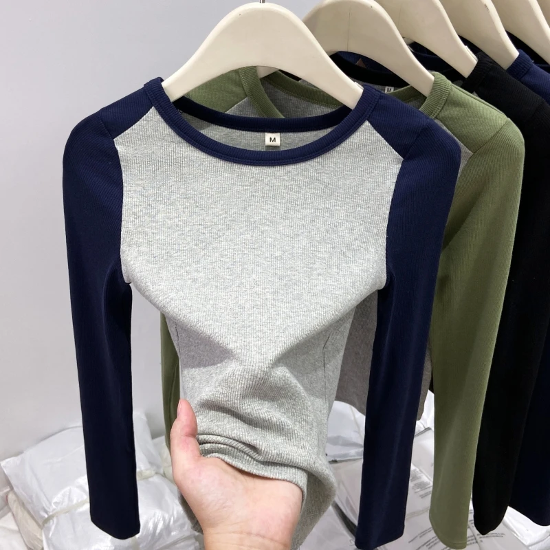 插肩袖T恤ins美式复古打底衫女2025春季修身显瘦撞色长袖内搭上衣