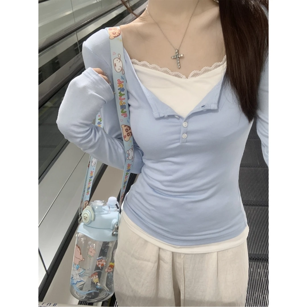 韩系温柔风蕾丝拼接长袖T恤女打底衫2025春季修身纽扣假两件上衣