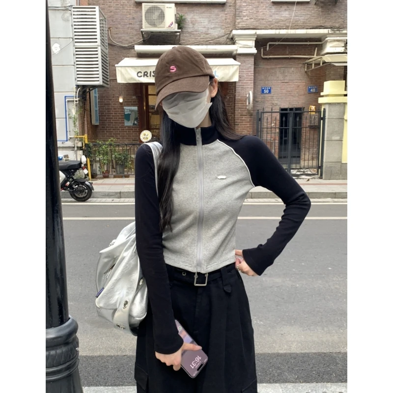 插肩袖拉链开衫女2025春季新款港味复古长袖上衣修身小个子短外套