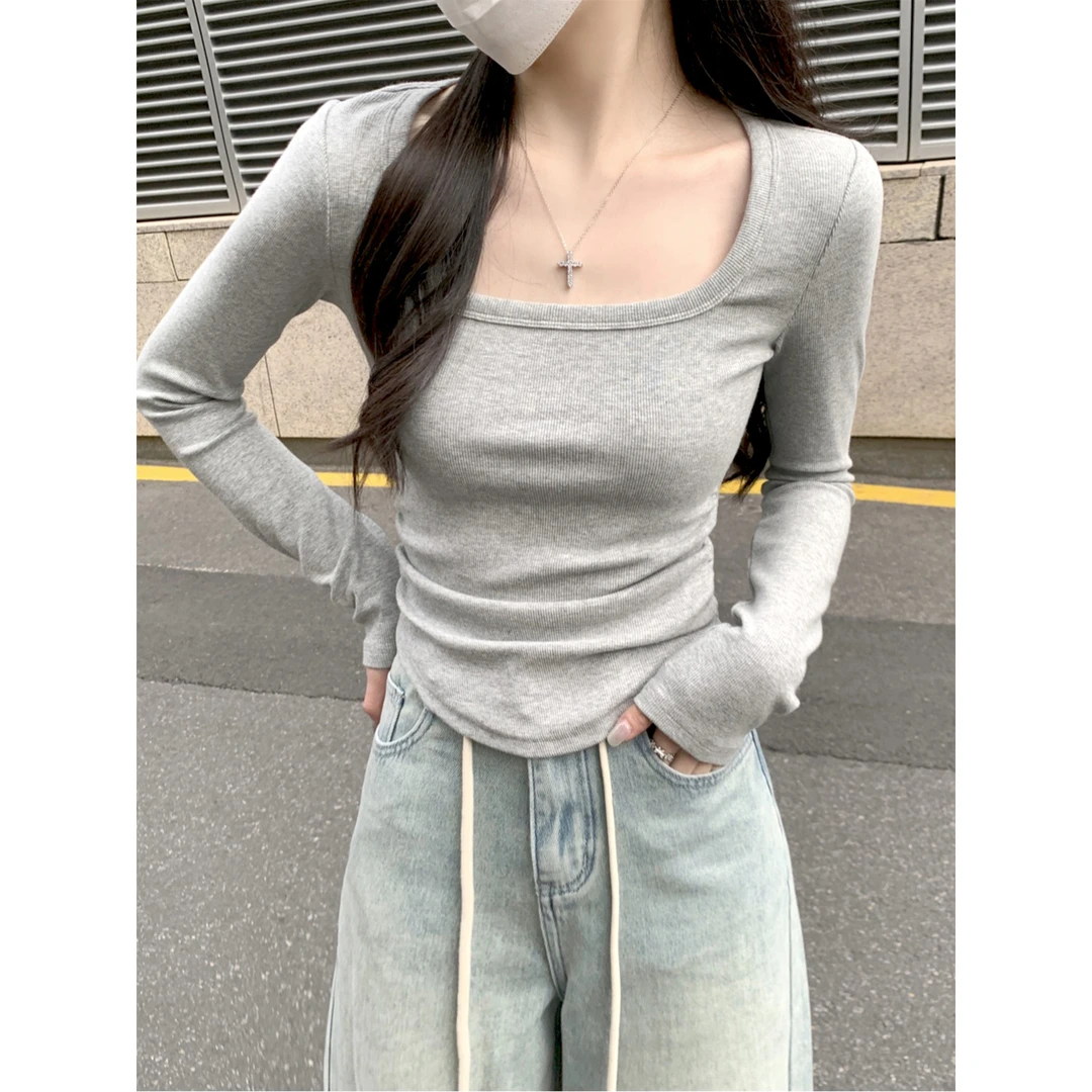 设计感褶皱收腰甜辣风长袖T恤女春季2025法式方领正肩打底衫上衣