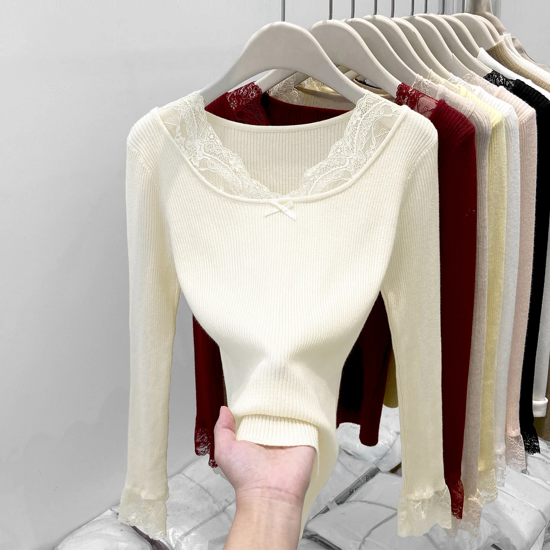 蕾丝V领拼接打底衫女2025春季坑条蝴蝶结纯欲内搭上衣针织衫毛衣