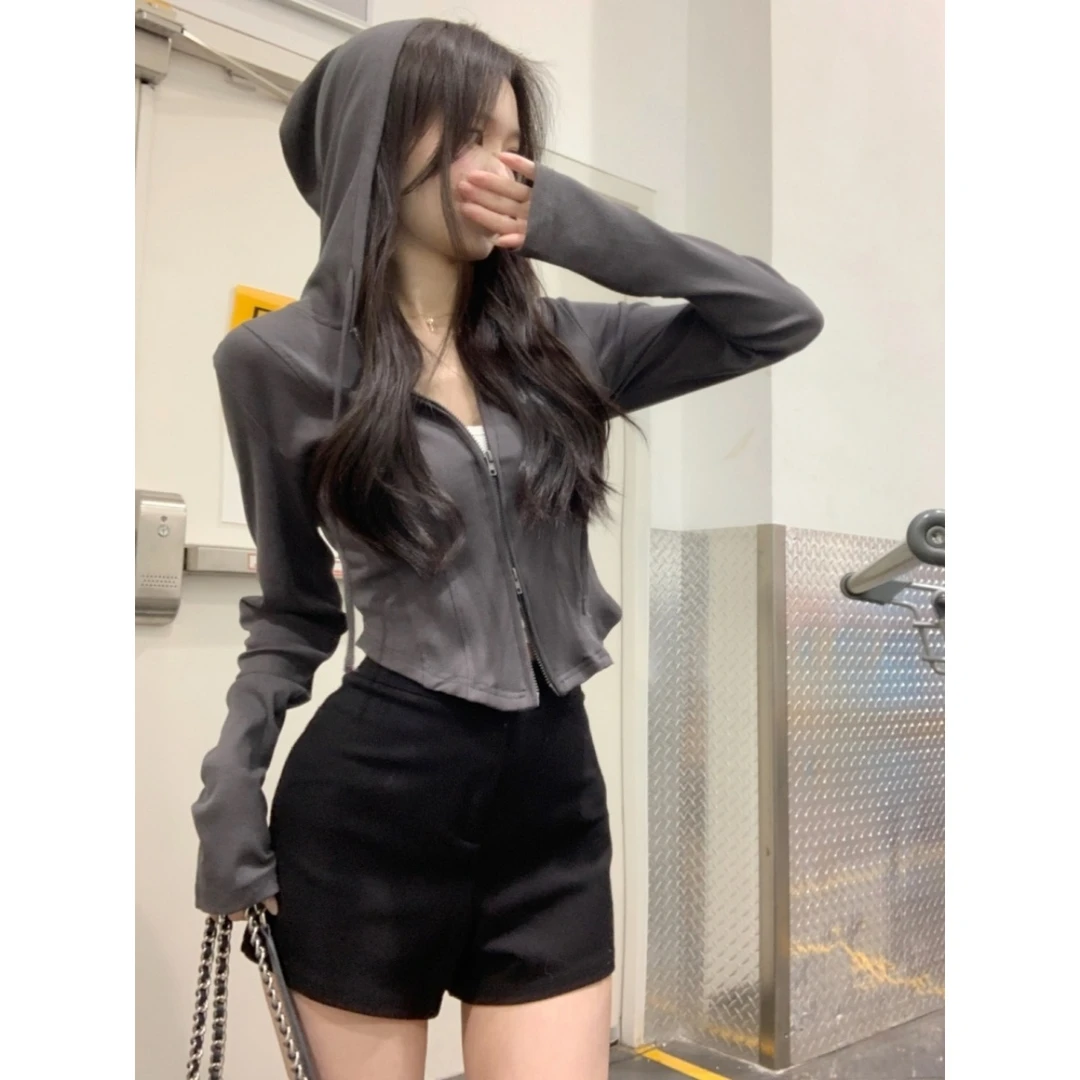 高级感灰色双拉链开衫连帽外套2025初春不规则收腰纯欲长袖上衣女