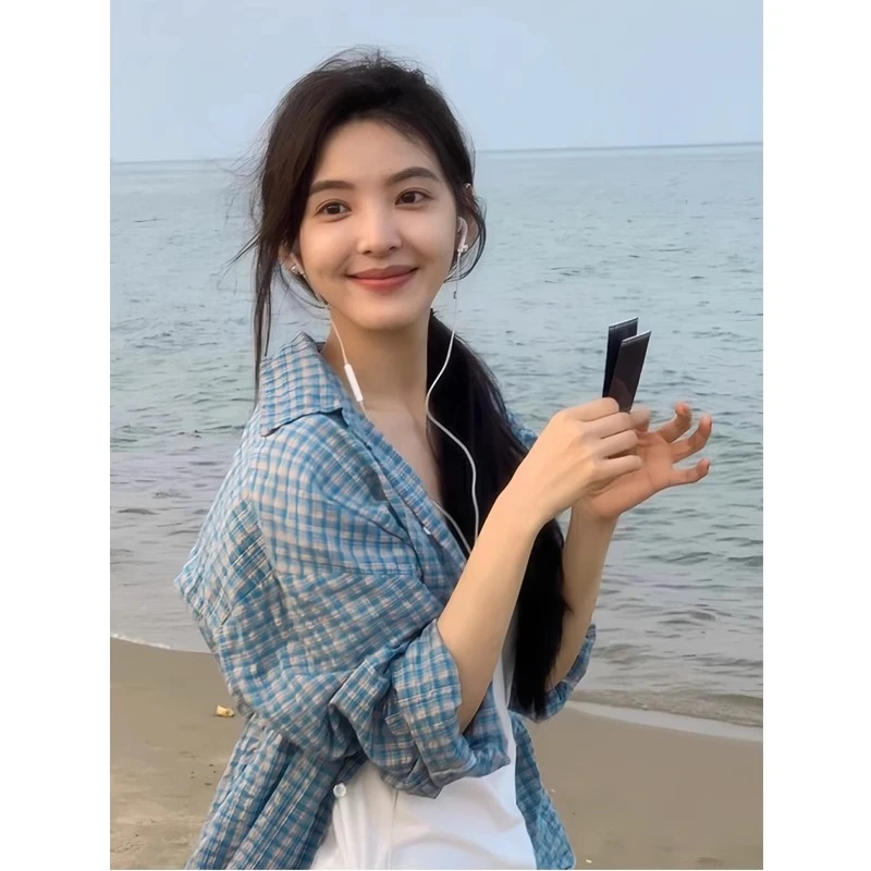 2025早春章若楠同款蓝格防晒长袖衬衫夏季薄款宽松韩版慵懒风衬衣