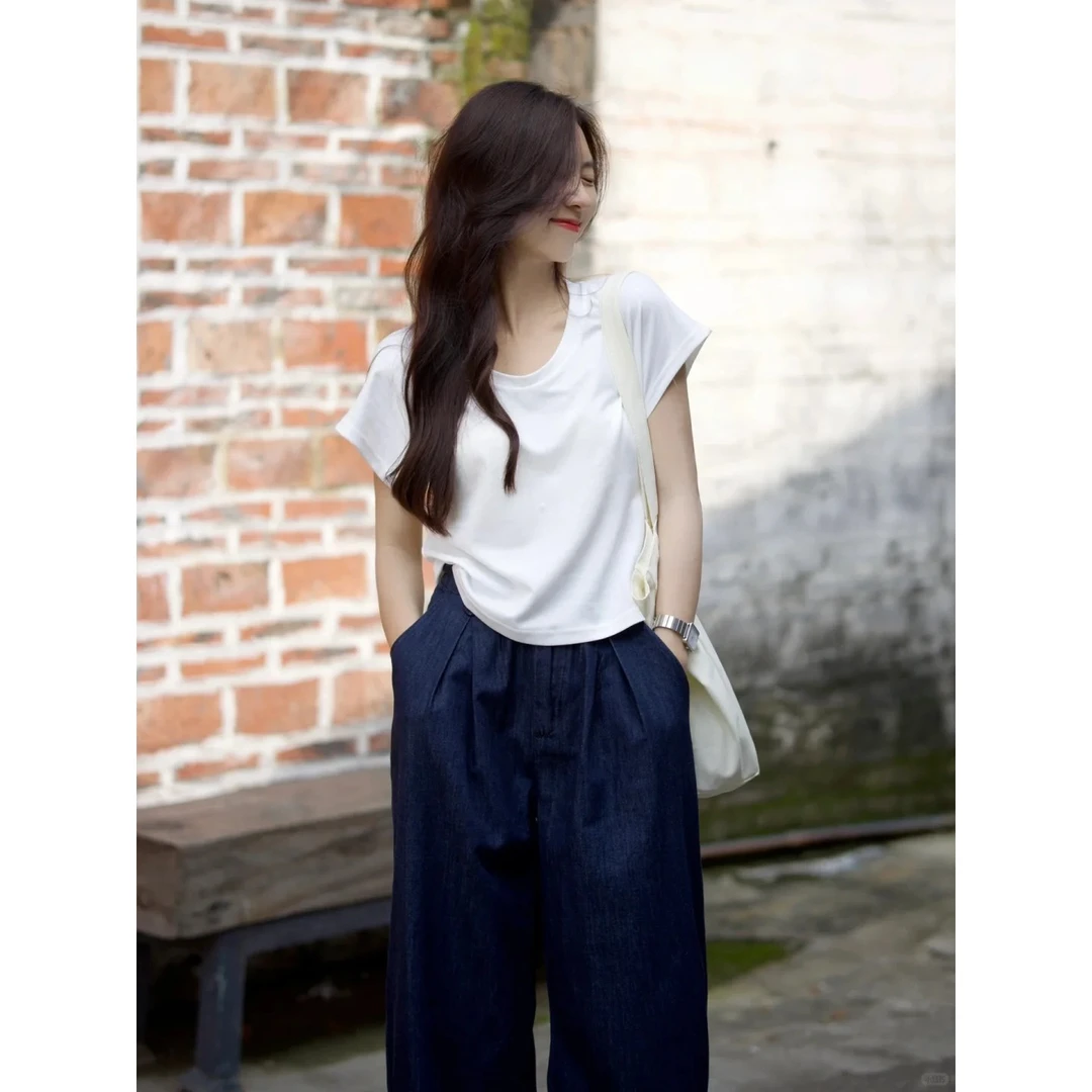 小飞袖U领慵懒风短袖T恤女2025夏季韩版宽松休闲百搭显瘦白色上衣