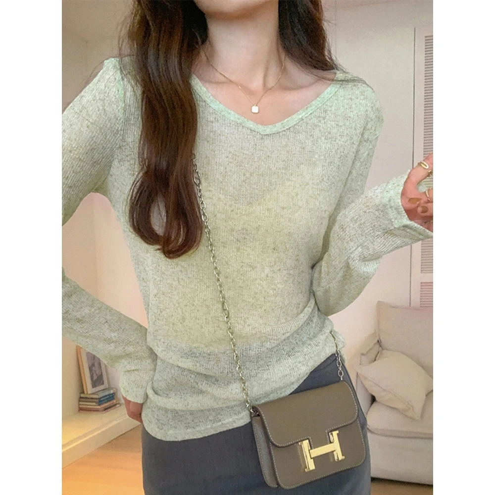 V领微透甜辣薄款ins防晒罩衫女2025春夏季松弛感长袖T恤针织上衣