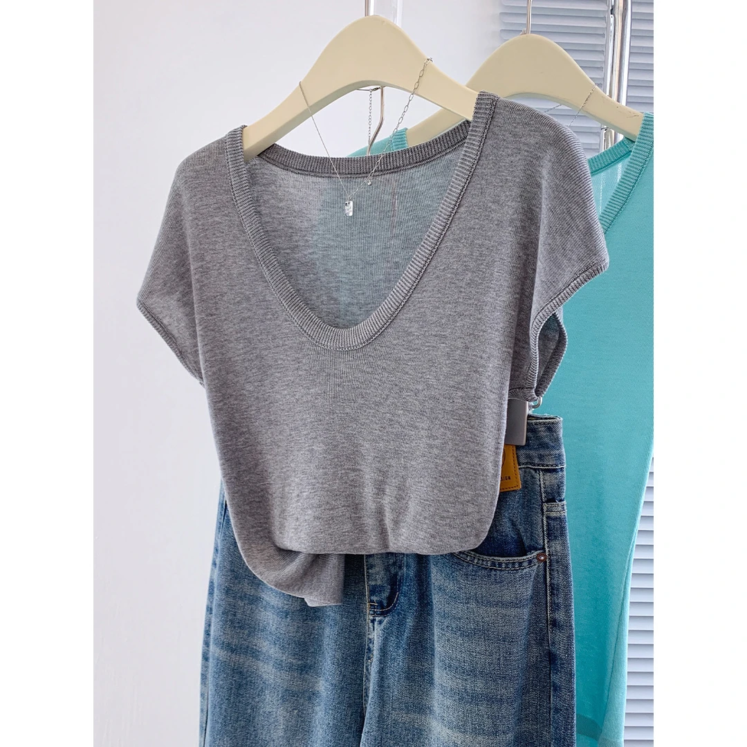 薄款冰丝U领针织短袖女2025夏季修身高级感气质飞飞袖纯欲风上衣