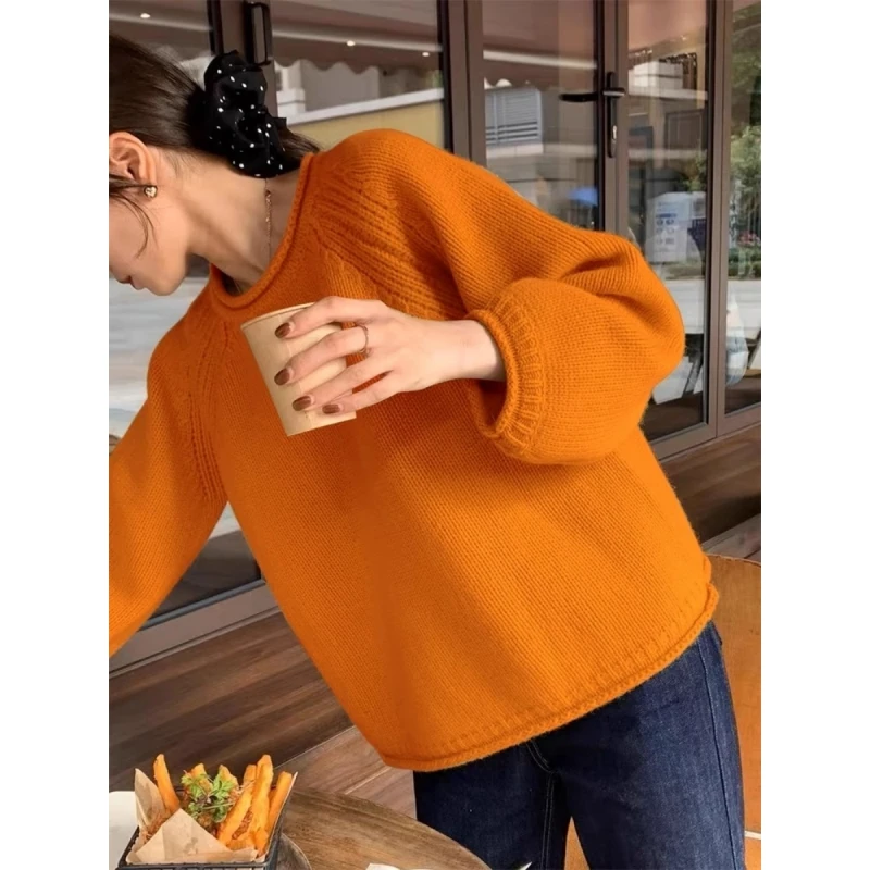 2025春新款慵懒爆款圆领套头毛衣女宽松显瘦胖mm百搭针织上衣打底