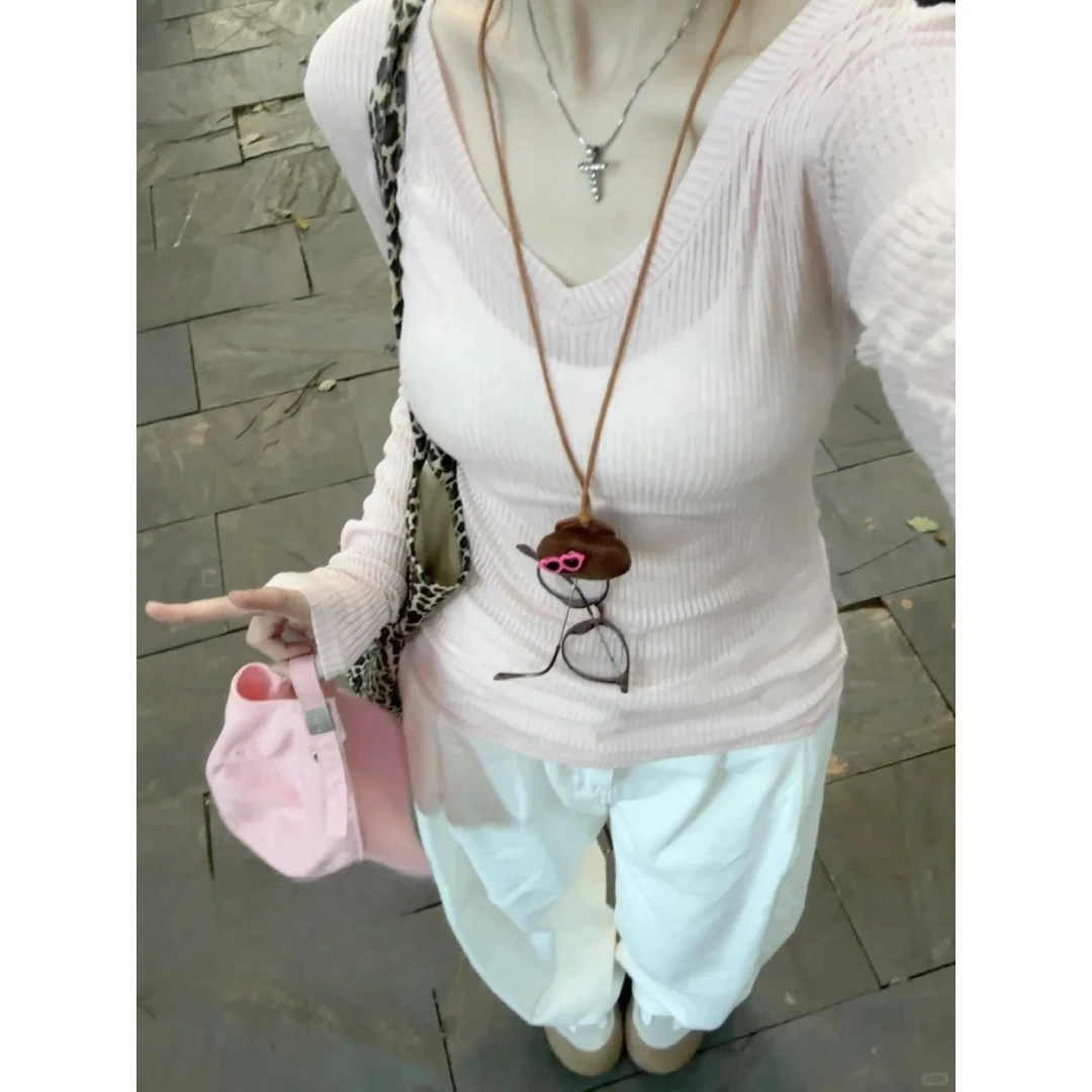 高级感V领粉色防晒罩衫女夏季性感微透薄款修身纯欲辣妹长袖上衣