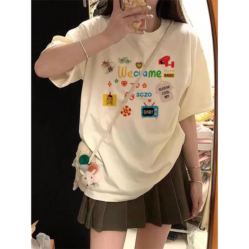 奶杏色卡通印花上衣女夏季大码美式复古小众短袖亲肤纯棉百搭T恤