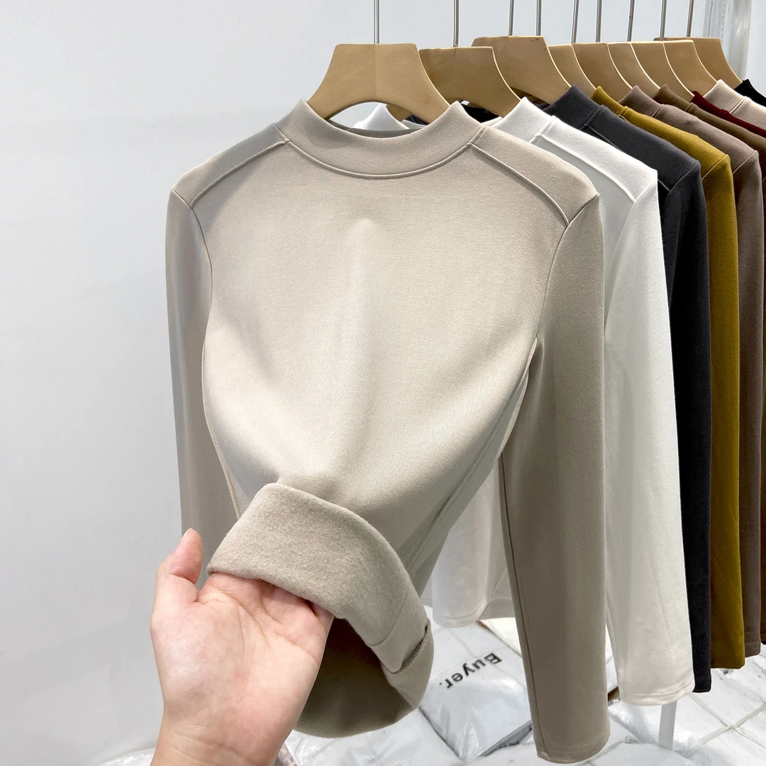 高级感鱼骨正肩打底衫女秋冬加绒磨毛保暖内搭长袖T恤小立领上衣