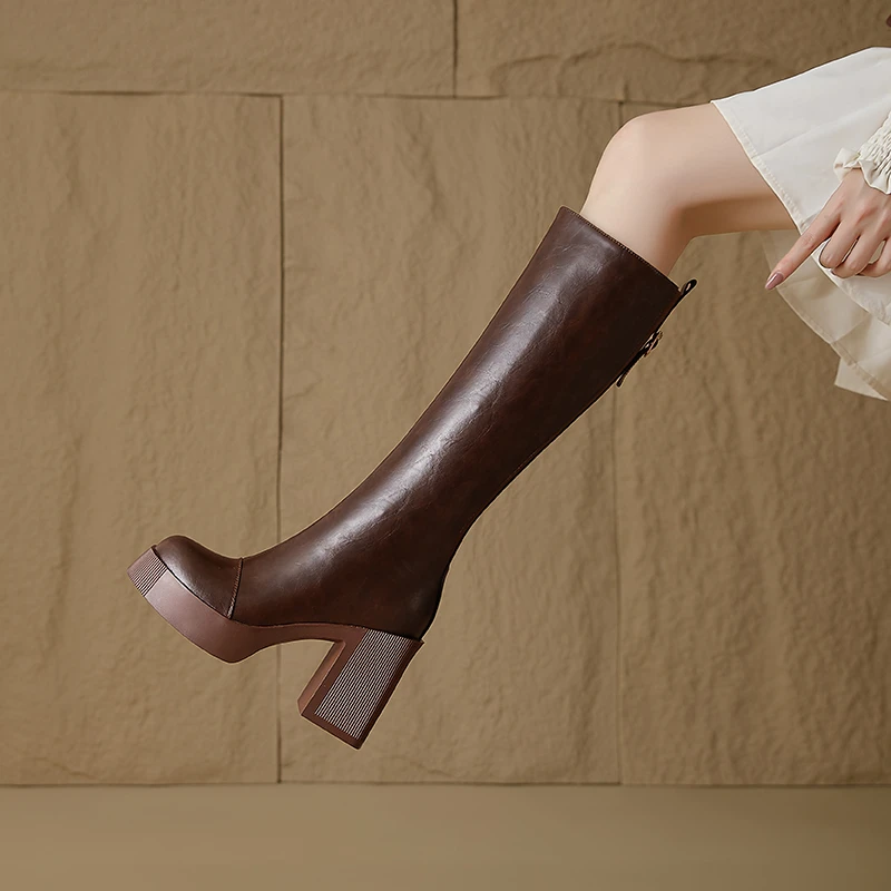 10厘米跟高厚底高筒靴时尚百搭真皮粗跟高跟骑士长靴秋冬时装靴子