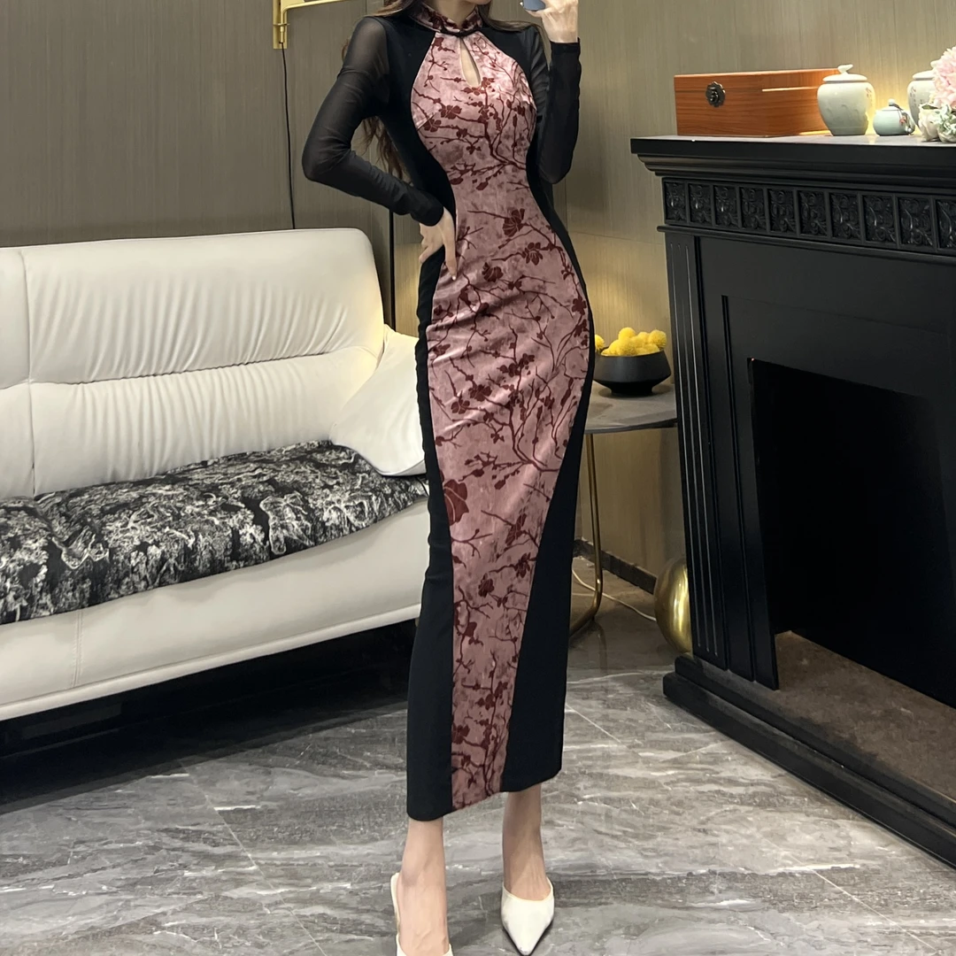 气质女人味轻奢立领长袖佳人如玉显瘦性感包身时尚百搭开衩连衣裙