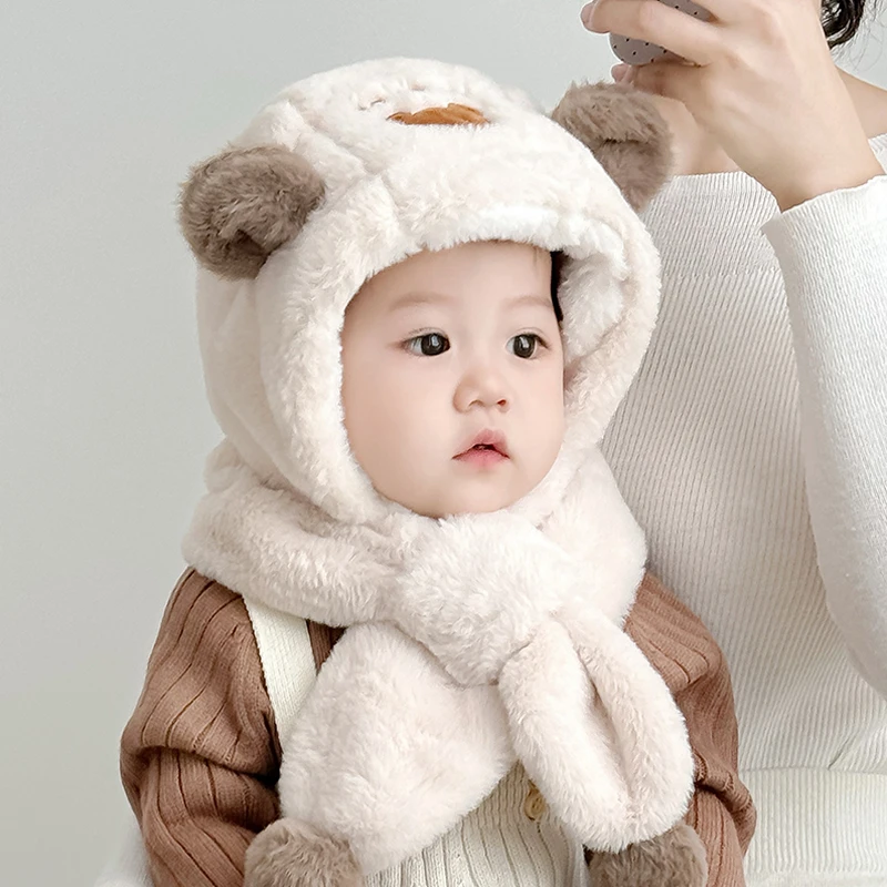 宝宝帽子男女童毛绒围脖儿童帽子围巾一体婴儿加厚帽冬季护耳保暖