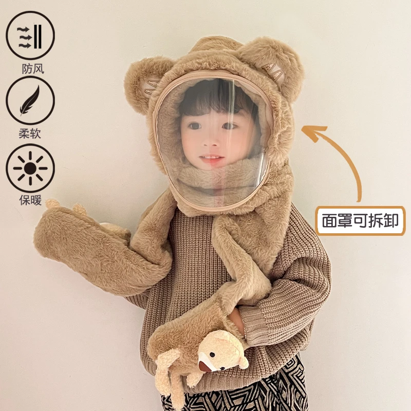 宝宝帽子冬季骑行加厚保暖毛绒围巾手套面罩男儿童防风防寒一体帽