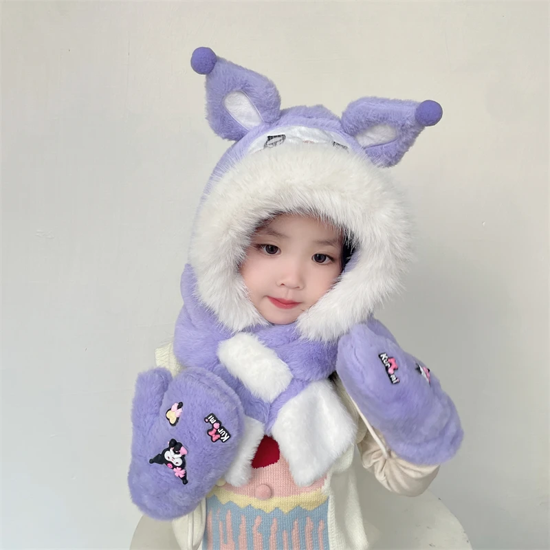 冬季儿童帽子围巾手套一体男女加绒加厚宝宝护耳帽三件套毛绒连体