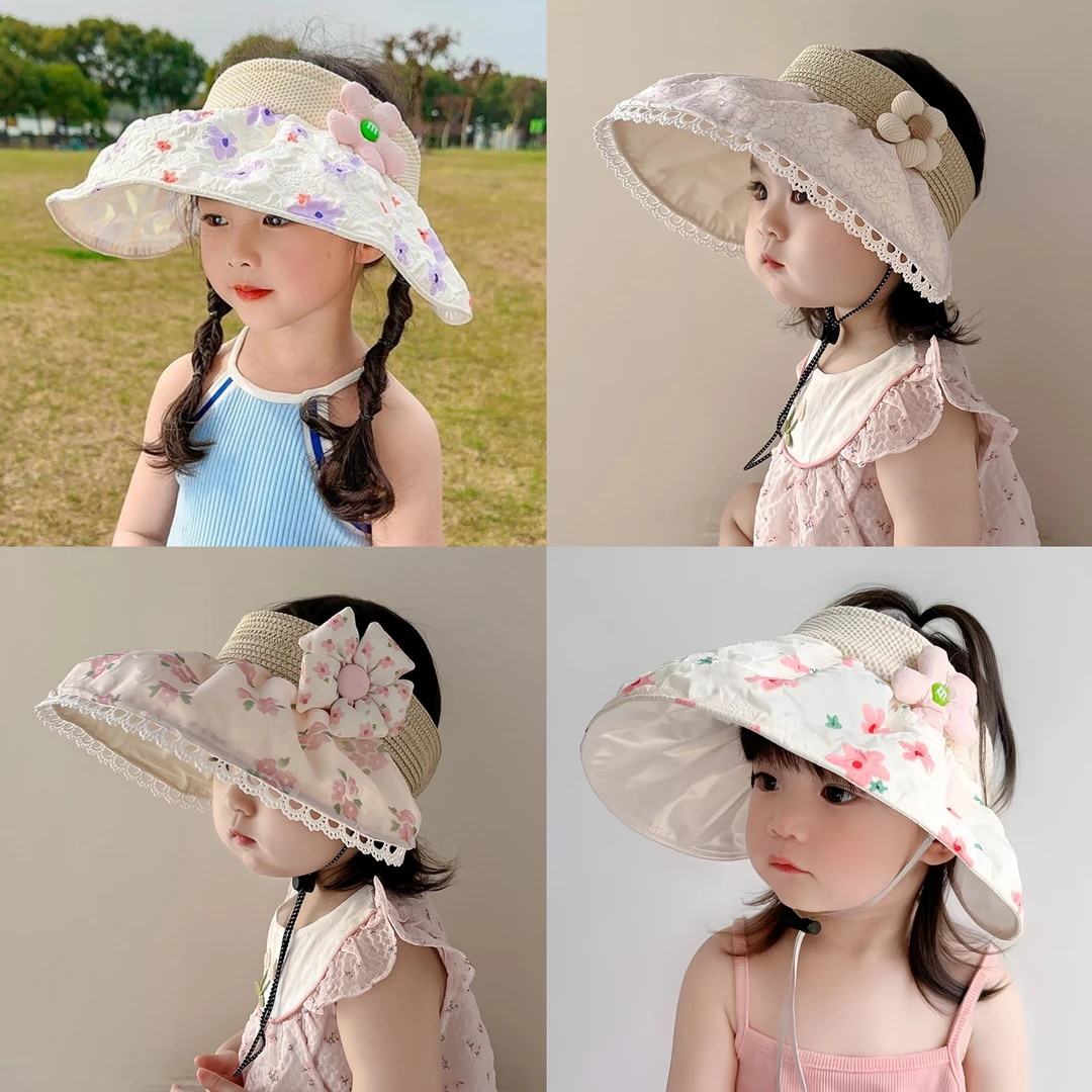 儿童防晒帽子女童夏季遮阳空顶帽宝宝大檐防紫外线百搭太阳帽女孩