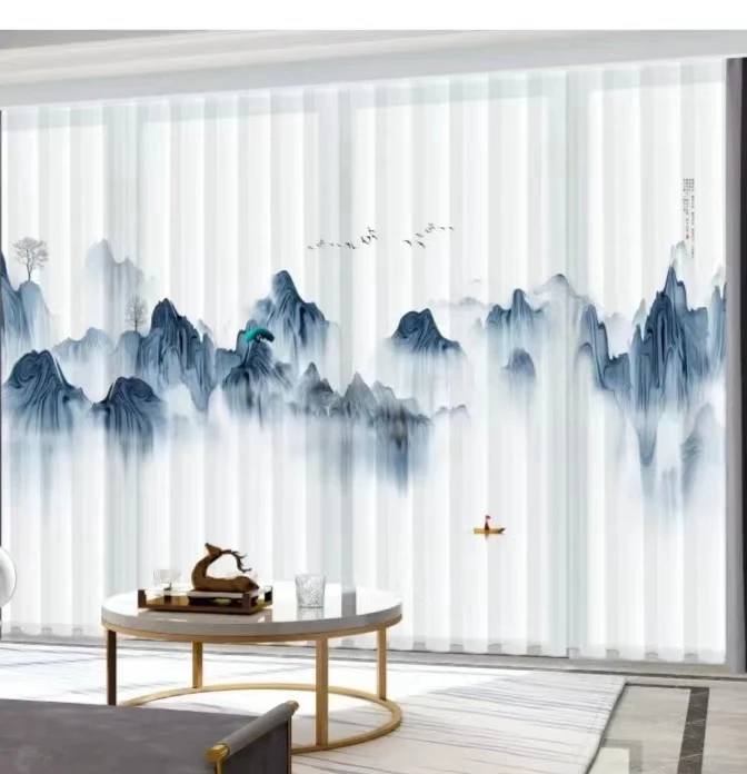 新中式山水窗纱透光不透人客厅隔断帘古典中国风