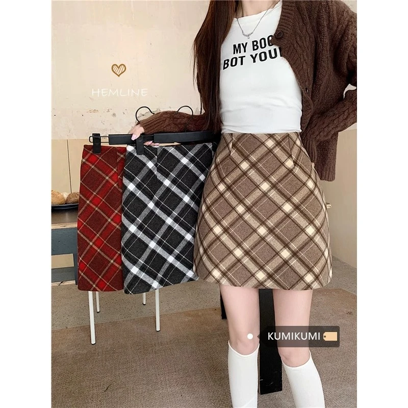 复古格子毛呢半身裙女秋冬小个子高腰休闲包臀裙学院风时尚短款裙