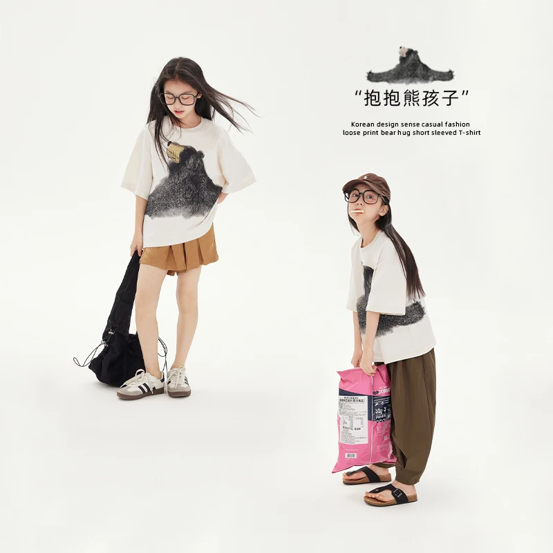 LEOHAPPY【抱抱熊孩子】韩版设计感休闲时尚宽松印花熊抱短袖T恤