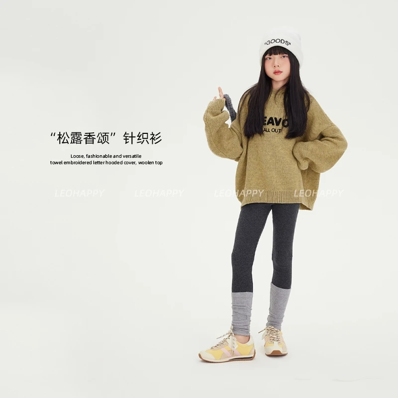 【松露香颂】韩系宽松时尚百搭毛巾绣字母连帽套头毛织上衣