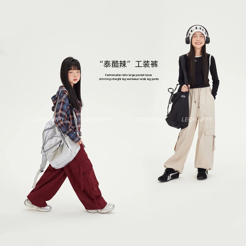 【泰酷辣】韩版时尚复古抽绳设计感大口袋宽松显瘦直筒工装阔腿裤