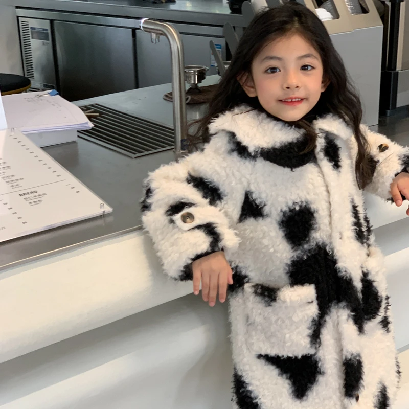 LEOHAPPY【黑白奶牛】秋冬女童奶牛纹毛毛外套慵懒廓形中长款外套