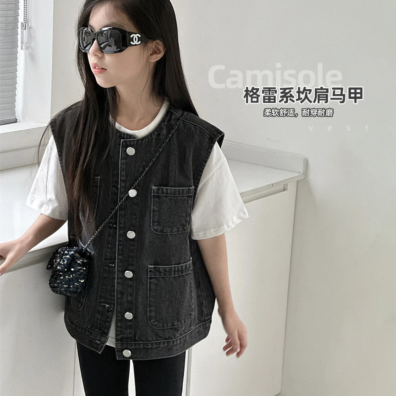 【格雷系】韩版宽松休闲圆领贴袋坎肩牛仔马甲