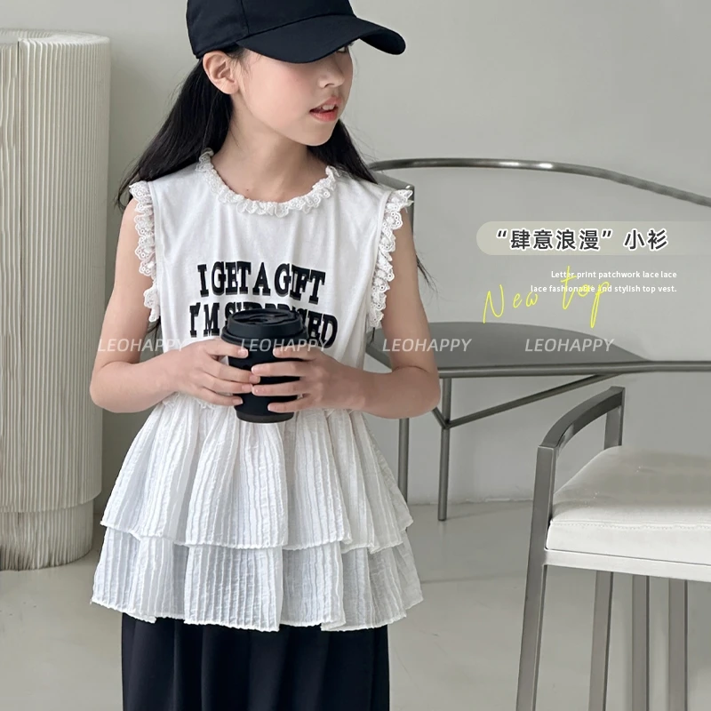 【肆意浪漫】无袖圆领字母印花拼接蕾丝花边时尚洋气上衣背心
