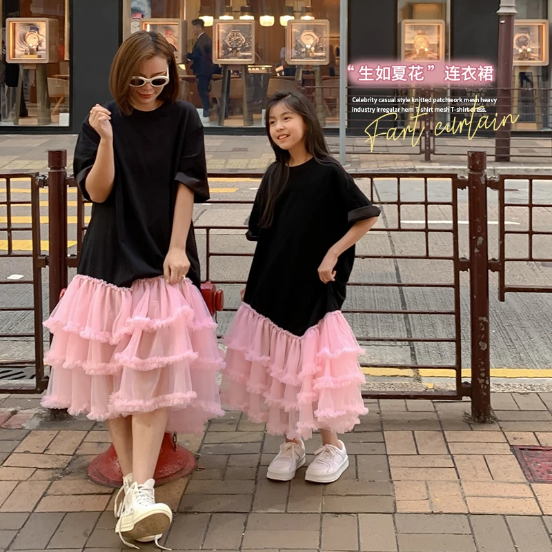 【 生如夏花 】休闲气质针织拼网纱重工不规则下摆T恤网纱T裙连衣裙