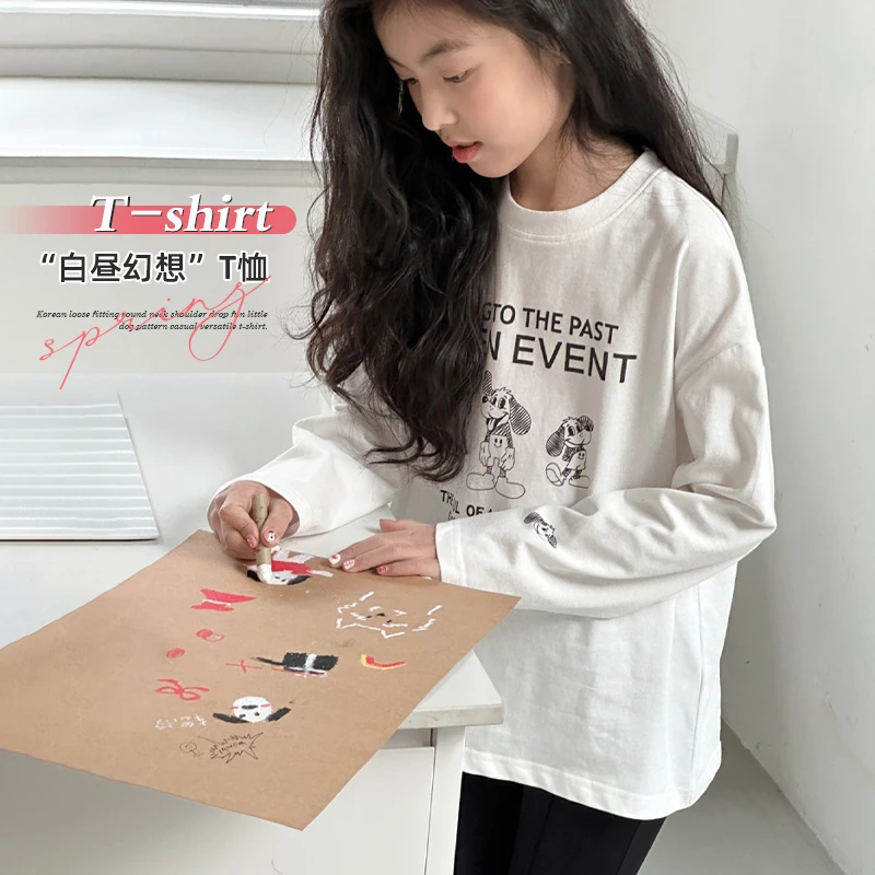 【白昼幻想】韩系宽松版圆领落肩趣味小狗图案休闲百搭t恤