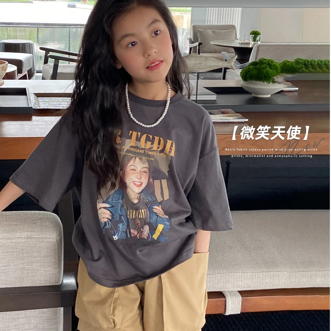 夏季女童百搭短袖t恤2023新款儿童打底衫美式T恤中大童洋气上衣潮