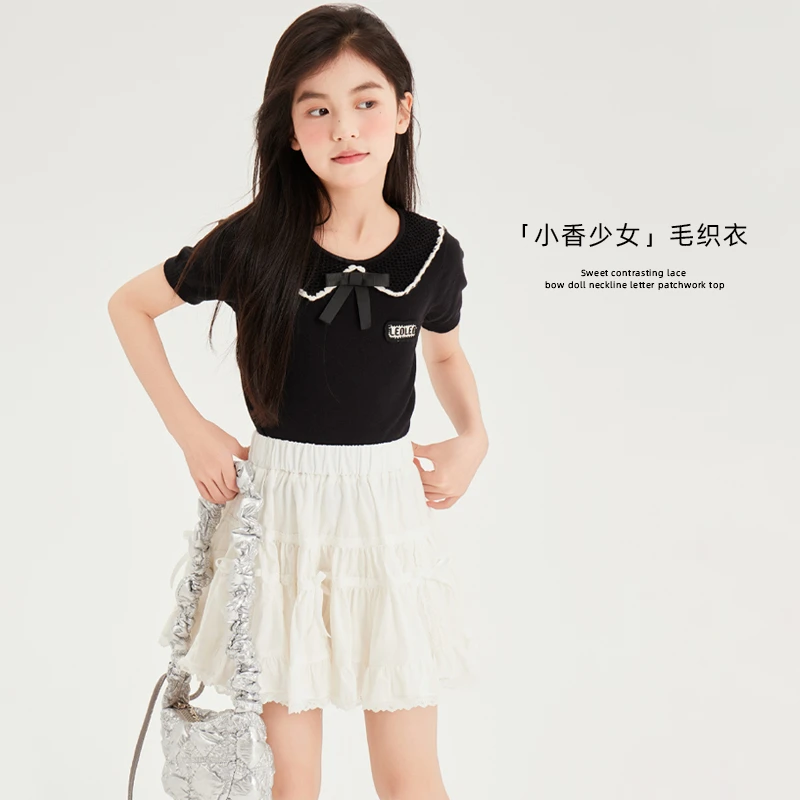 【小香少女】气质甜美撞色花边蝴蝶结娃娃领字母贴套头毛织上衣
