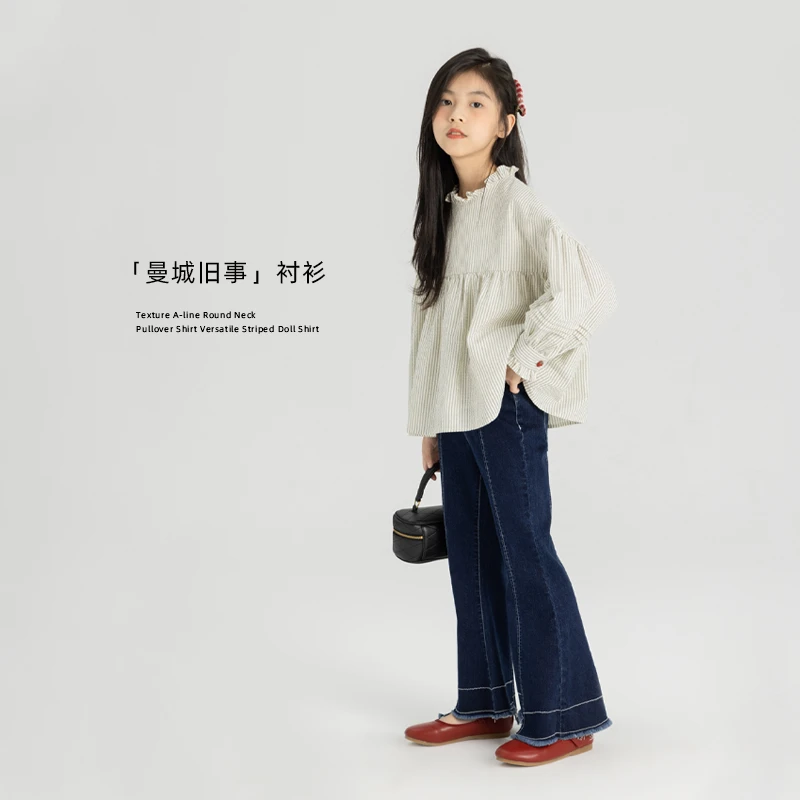 LEOHAPPY【曼城旧事】肌理感A字圆领套头衬衫百搭条纹娃娃衫