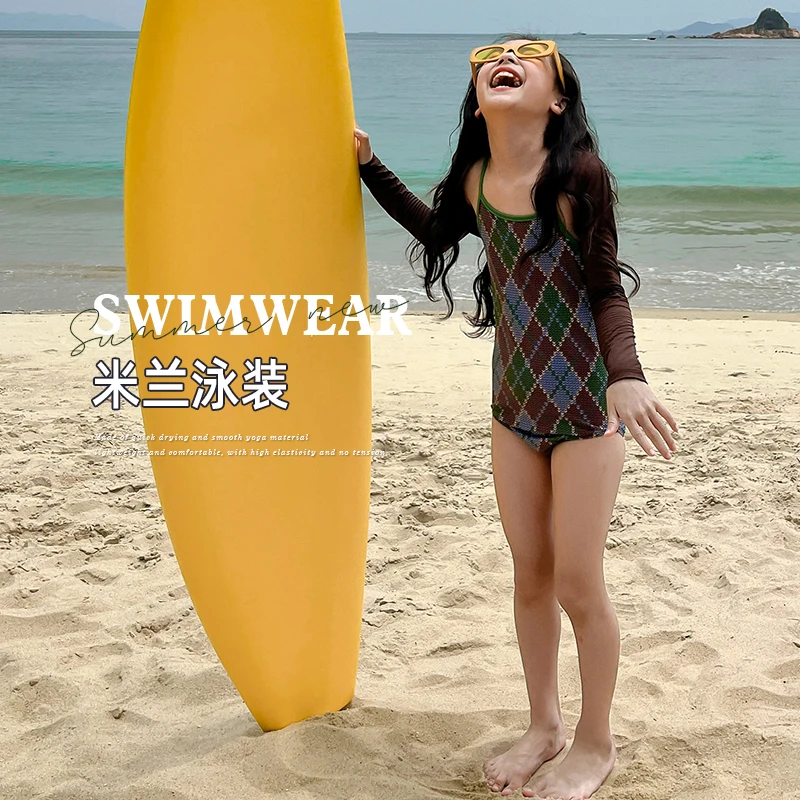 【米兰泳装】夏季速干撞色设计感女童大码可拆卸胸垫泳衣套装拼色