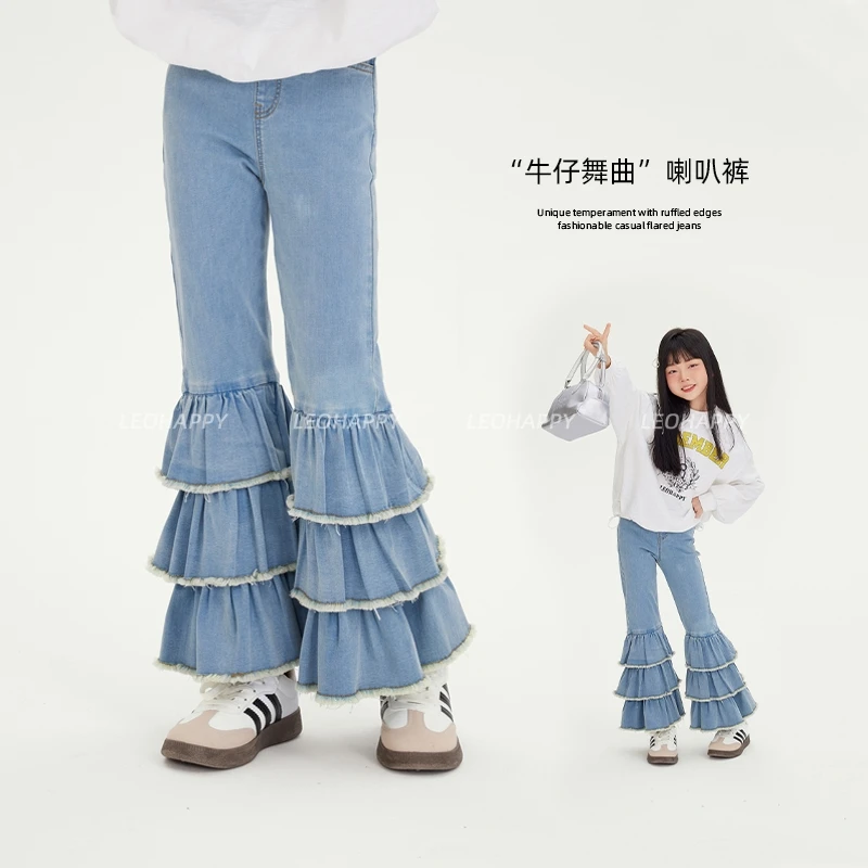 【牛仔舞曲】韩系气质个性独特荷叶毛边时尚休闲喇叭牛仔裤