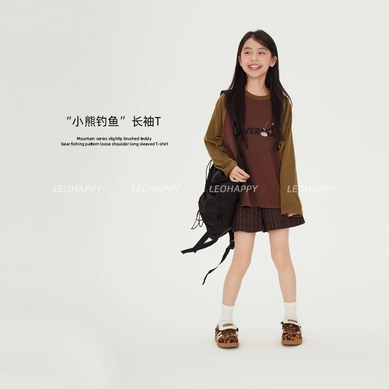 【小熊钓鱼】山系微磨毛小熊钓鱼图案宽松插肩型长袖T恤