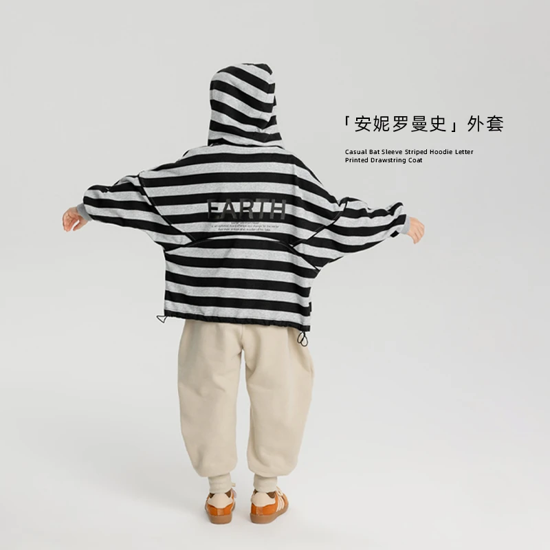 LEOHAPPY【安妮罗曼史】休闲蝙蝠袖条纹连帽卫衣字母印花抽绳外套