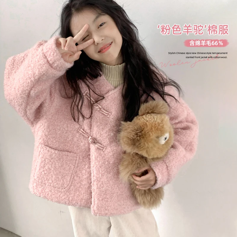 【粉色羊驼】手工盘扣新中式提花撞色拼接国风呢子棉服外套