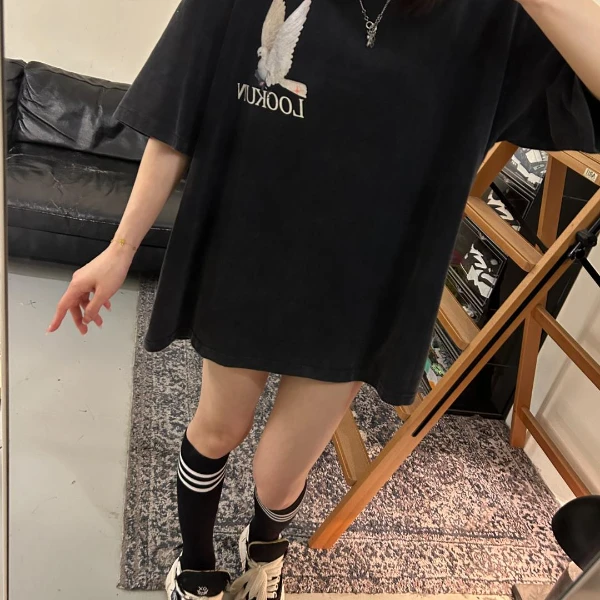 物空LOOKUN夏季潮牌鸽子印花短袖夏t恤半袖潮流情侣装高街男ins