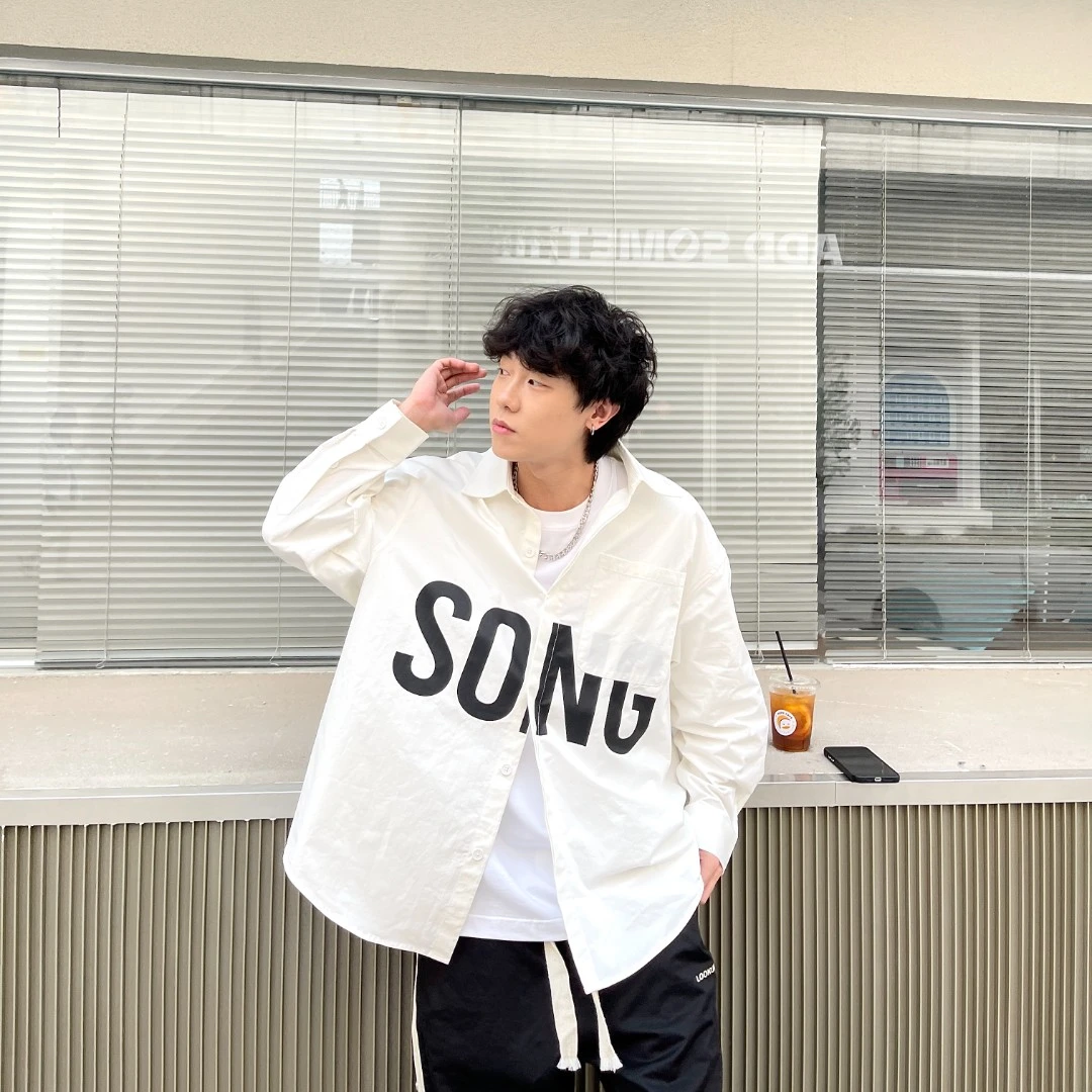 THISISSONGLOOKUN潮牌百搭小众设计休闲白色青春字母衬衫男衬衣
