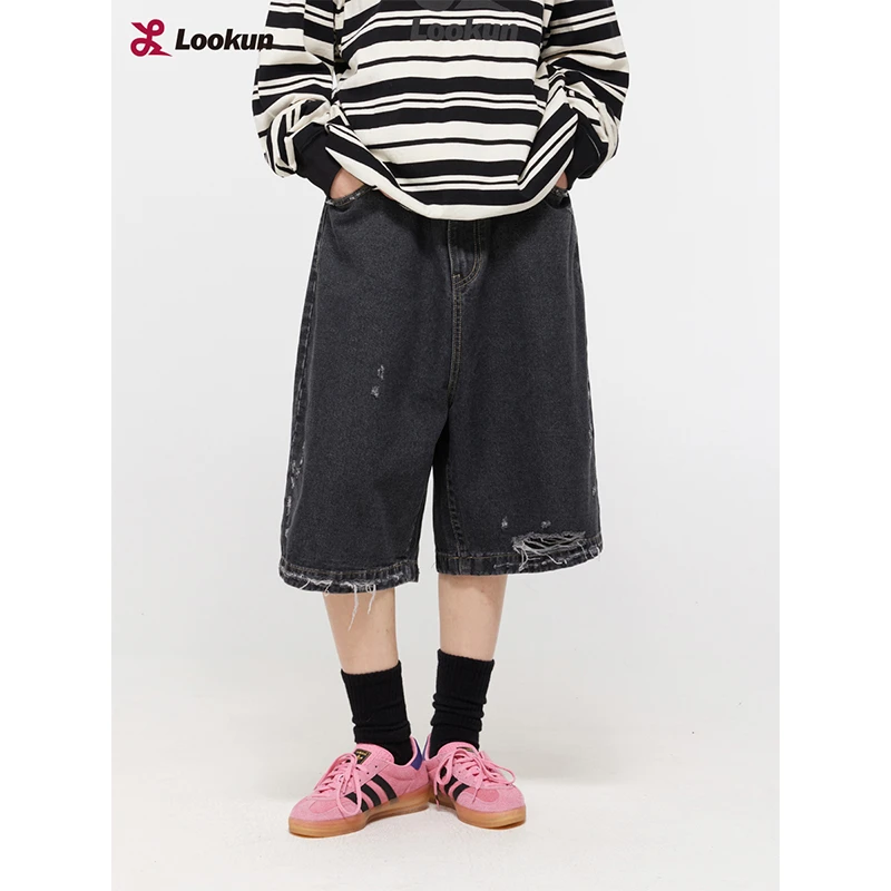 LOOKUN潮牌街头复古牛仔短裤破洞男女生宽松休闲七分裤